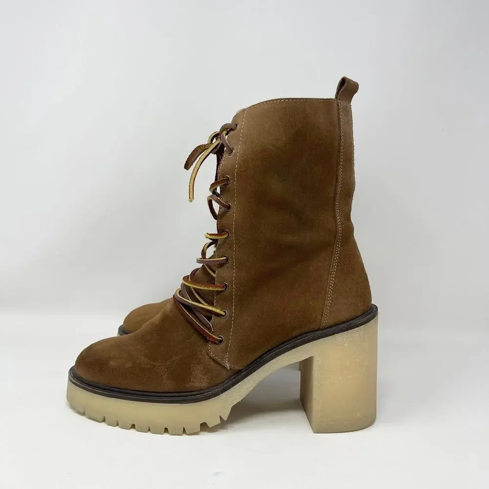 Free People Dylan‎ Lace Up Boot Womens 40/9-9.5 Brown Suede Chunky Mid Calf